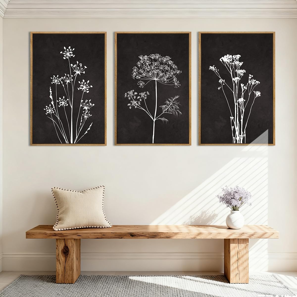 BINCUE Extra Large Framed Black and White Wall Art Floral Wall Decor Botanical Paintings for Living Room Bedroom Bathroom 24x36 Inch 3 Piece