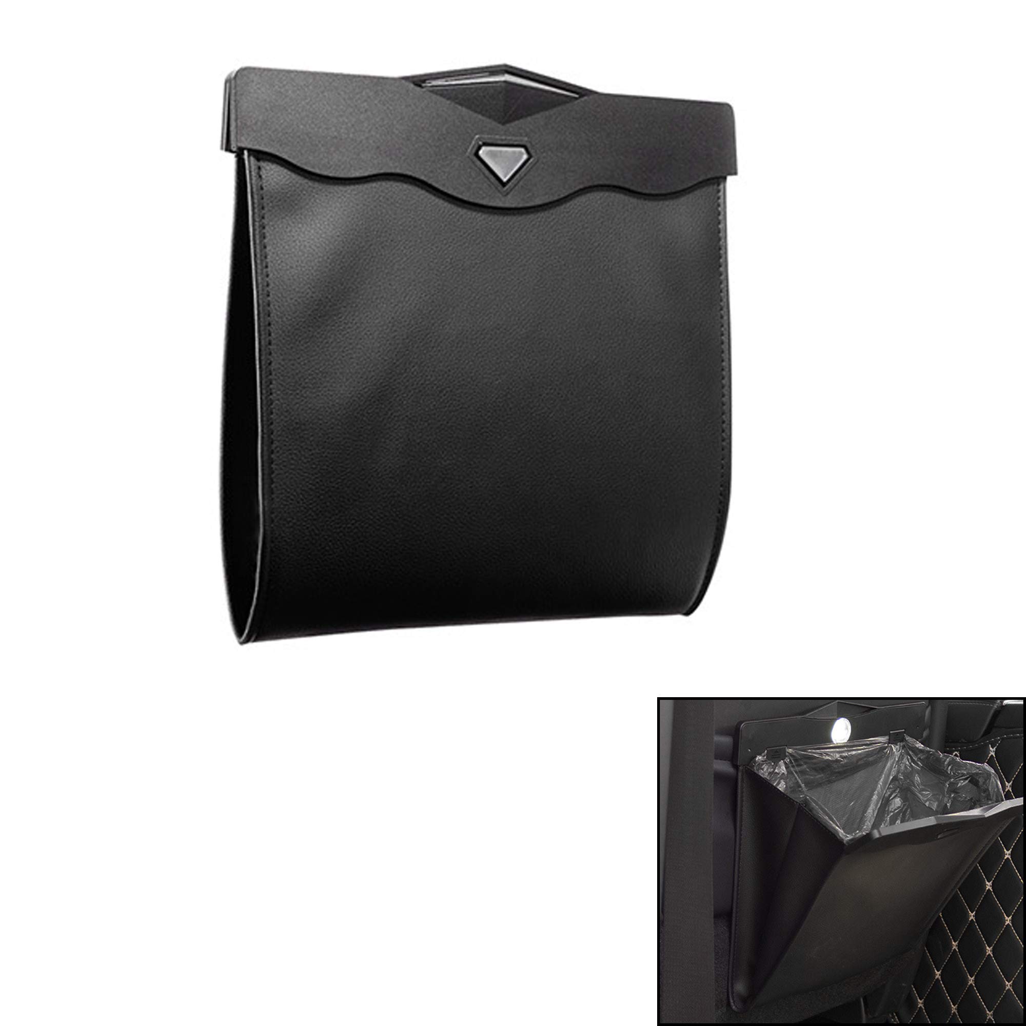 Car Trash Bin with 50pcs Trash Bags Luxury PU Leather Garbage Can Elegant Folding Garbage Bin Waterproof Car Rubbish Bag Car Interior Garbage Can Reusable Office Toilet Trash Bin for Universal Vehicle