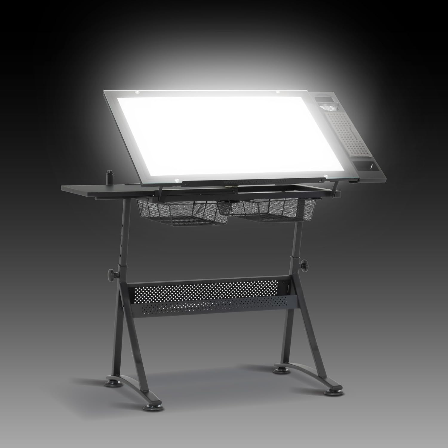Studio Designs Fusion Drafting Table with Integrated LED Light Pad, Height & Angle Adjustable Tempered Glass Light Table, Artograph Light Pad, Storage Drawers & Side Shelf