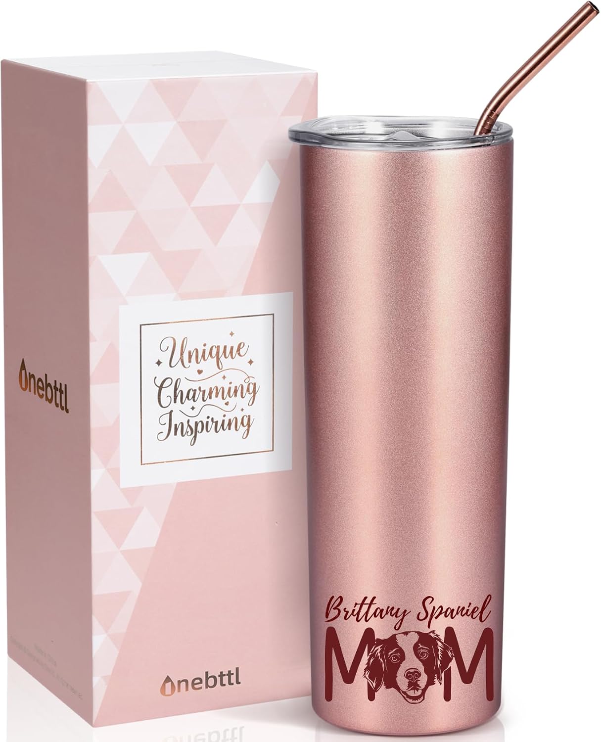 Brittany Spaniel Mom Tumbler 20oz Stainless Steel Rose Gold Insulated Lid & Straw