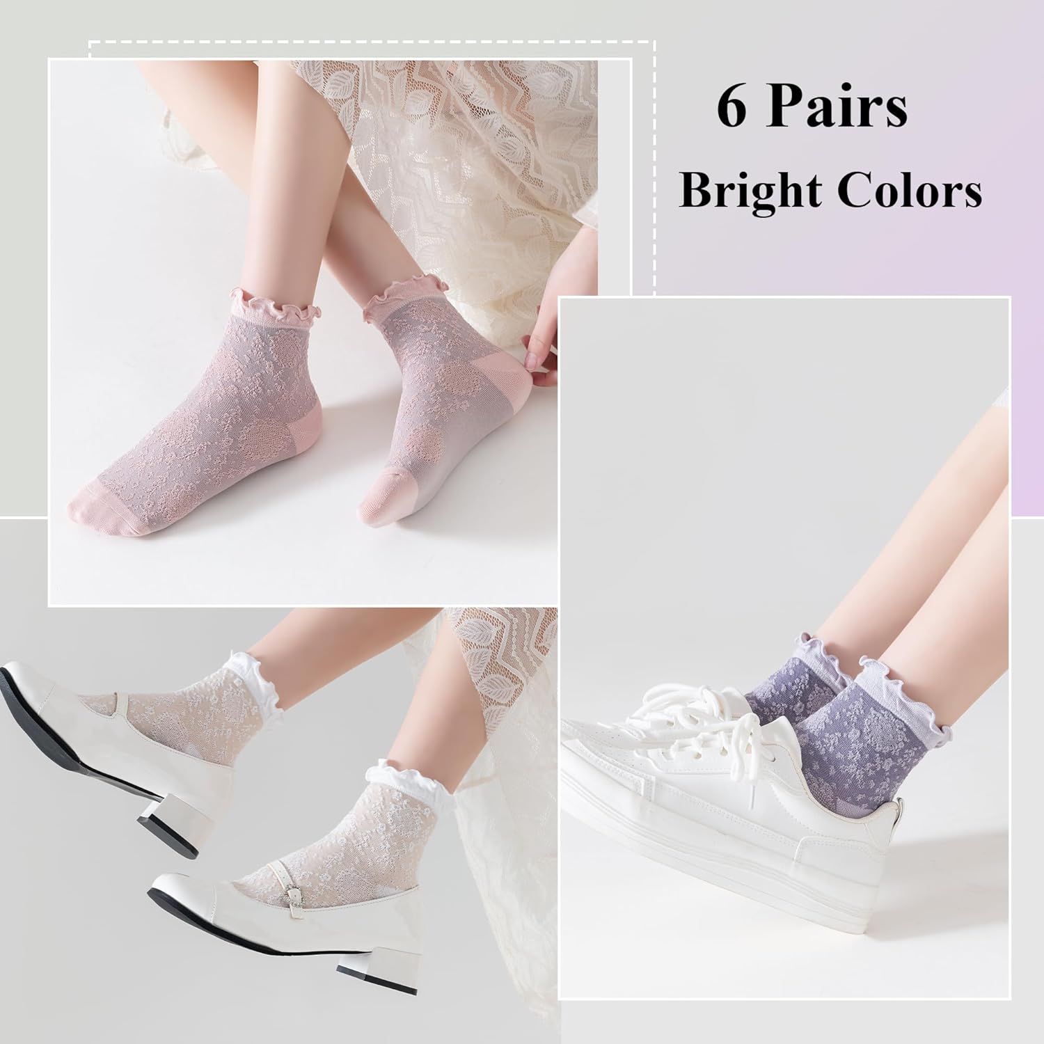 Women's Ankle Socks,Ruffle Cuff,Cute Vintage Patterned,Casual Dress Sock,Princess Lettuce Floral Socks 6Pack - Image 2