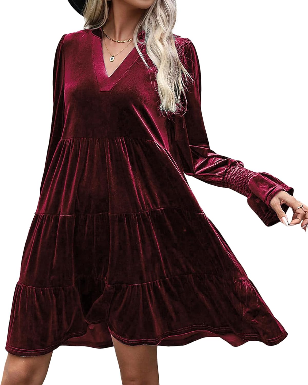 Women's Velvet Long Sleeve Dress Fall Casual V Neck A Line Babydoll Fashion Flowy Formal Wedding Party Mini Dresses