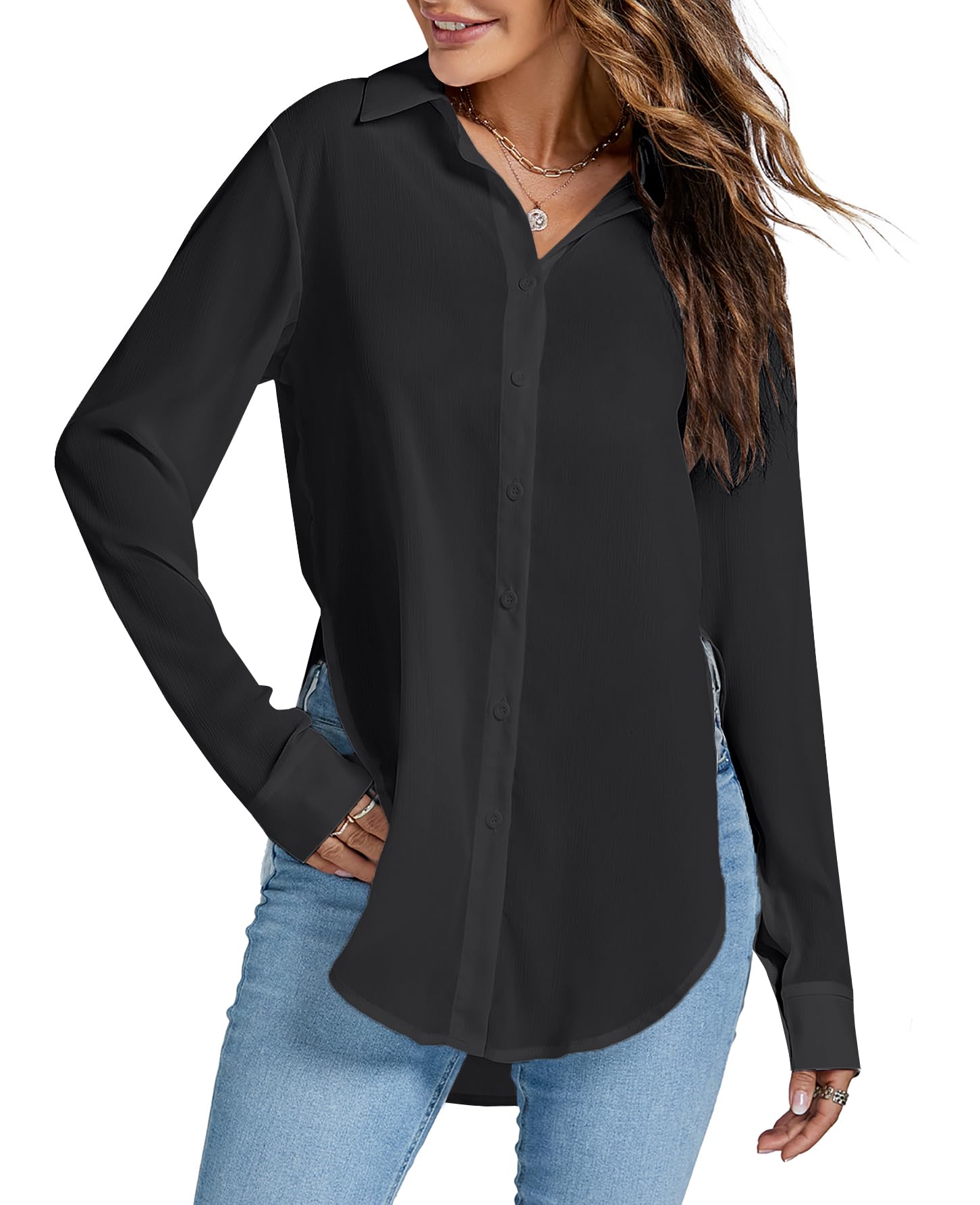 Rooscier Women's Sexy Sheer Collar V Neck Side Slit Long Sleeve Button Shirt Blouse Top
