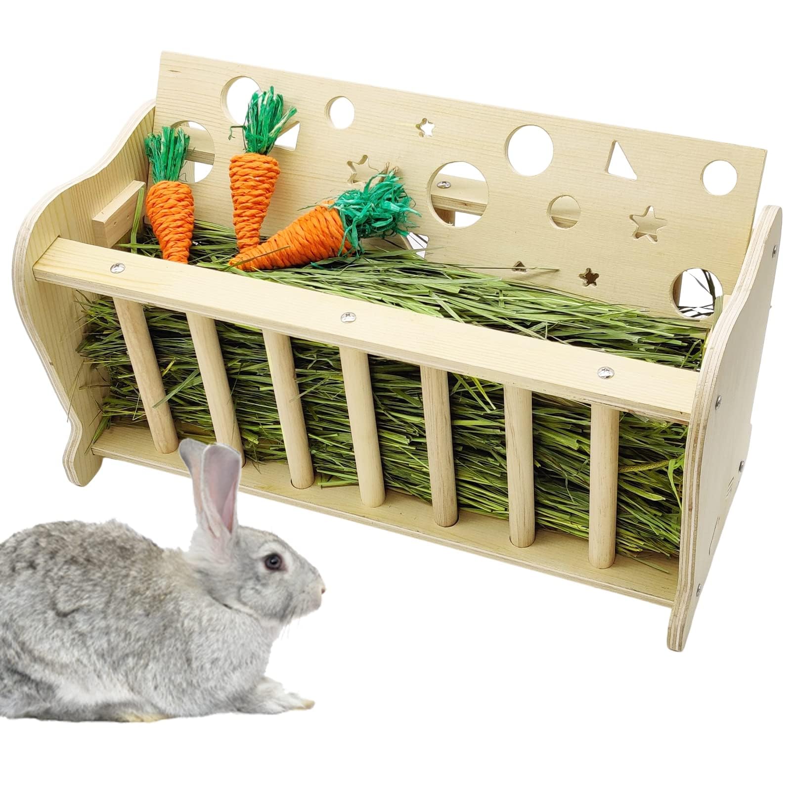 Hamiledyi Wooden Small Animal Hay Feeder - Rabbit, Guinea Pig, Chinchilla Cage Accessory, Hay Saver Rack & Dispenser for Small Pets