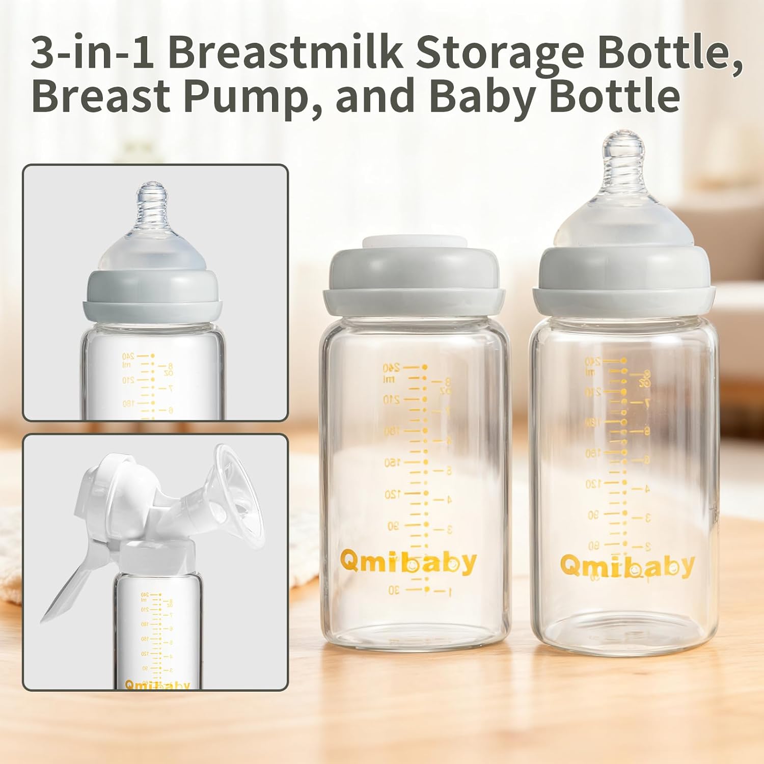 Breast Milk Storage Bottles 240ml 8oz BPA-Free Leak-Proof Baby Bottle for Breastmilk Storage Wide Neck Bottles with Screw Ring Sealing Disk Breastfeeding (Grey, 240ml-4Packs)