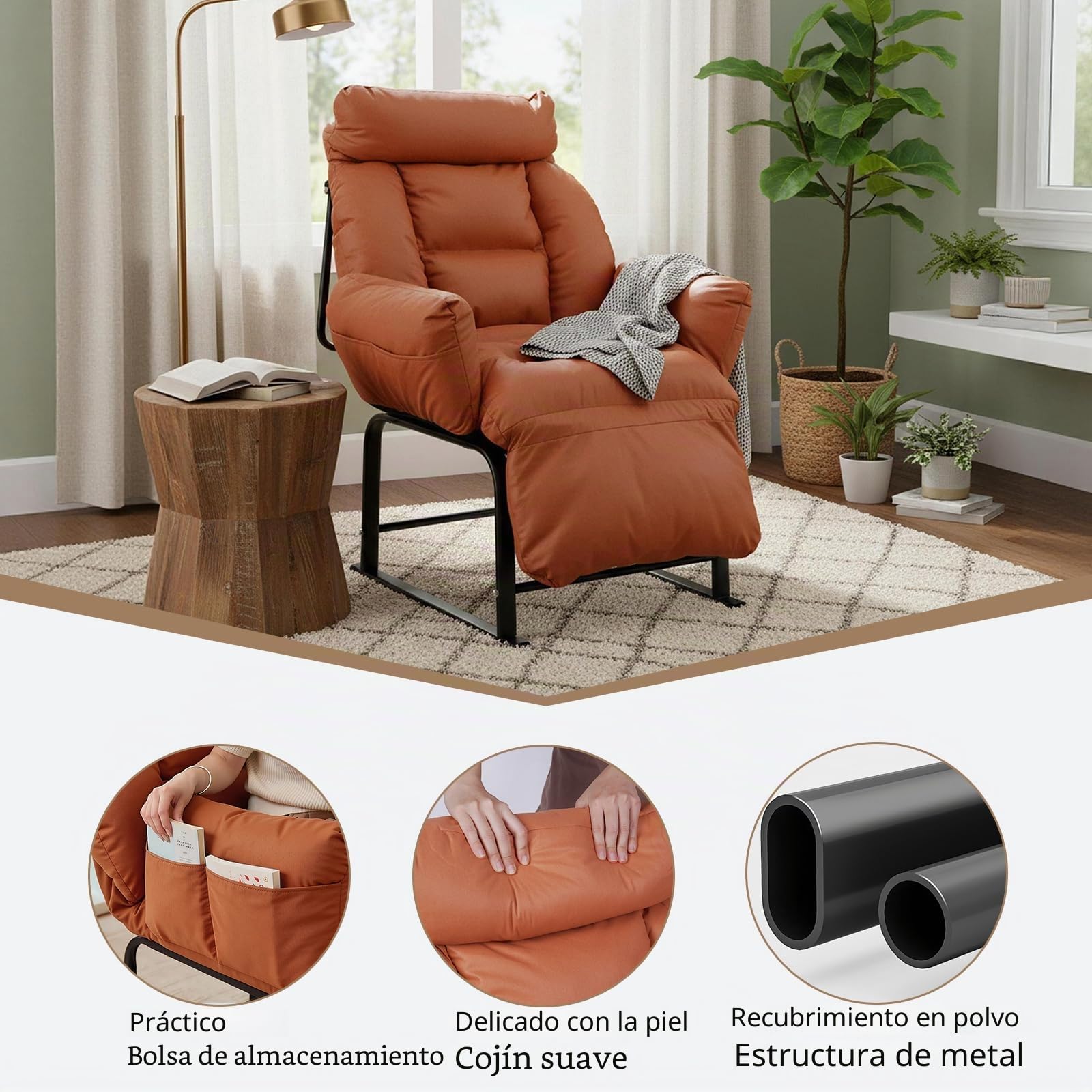 Sillón Relax, Respaldo Reclinable 90°-180°, Estructura de Metal, Hasta 150kg, para Dormitorio Infantil, Dormitorio, Salón, Balcón, Naranja