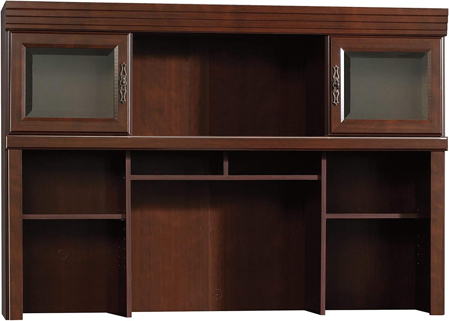 BOWERY HILL Computer Credenza Hutch, 59 in Wide, Classic Cherry Finish, Safety-Tempered Glass Doors, 2 Adjustable Shelves, Cubbyhole Storage, Office Desk Accessory for Organizing and Display