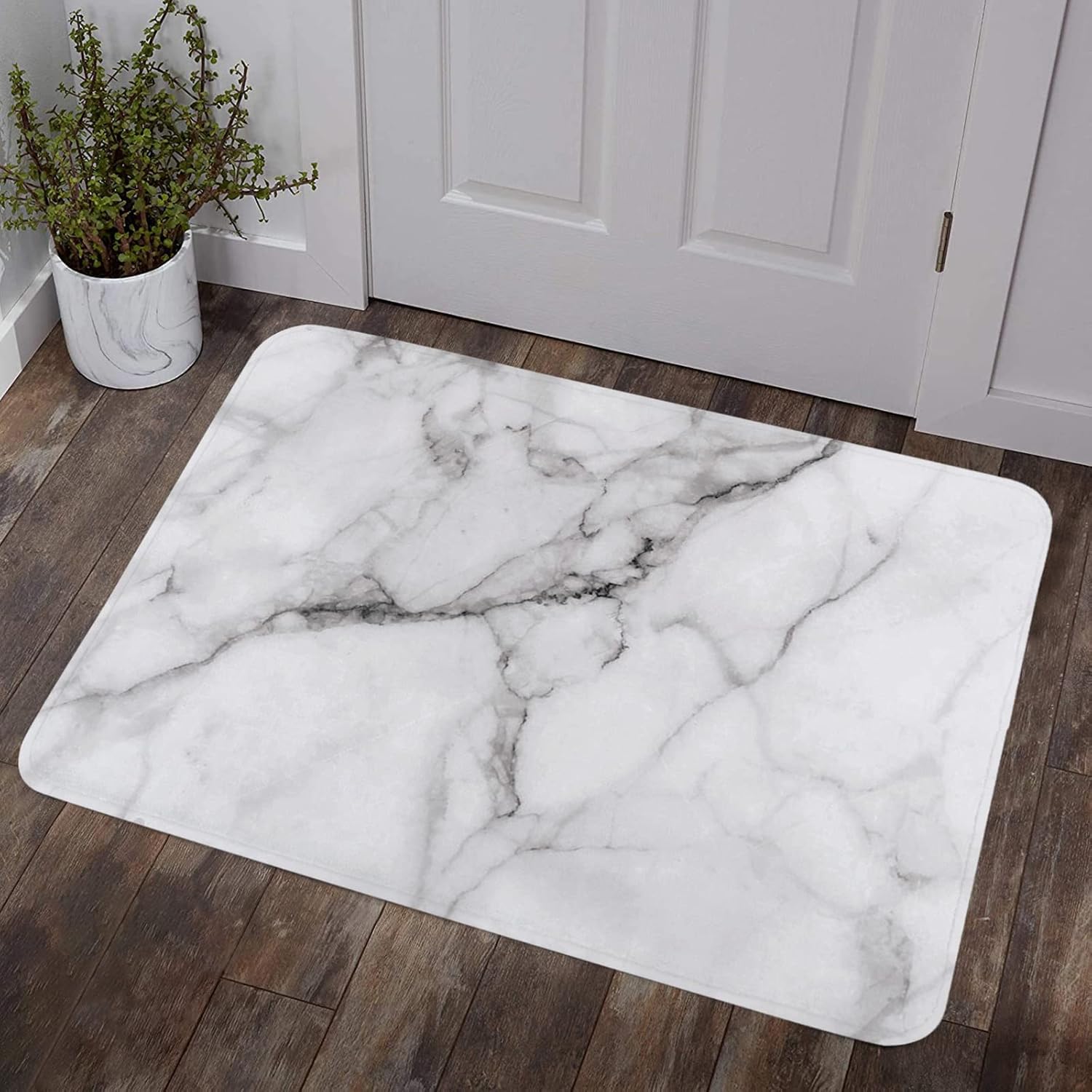 Door Mat 18" x 30", Abstract Marble Entrance Doormat Non-Slip Welcome Doormats, Shoes Mat Magic Doormat for Bathroom White and Gray