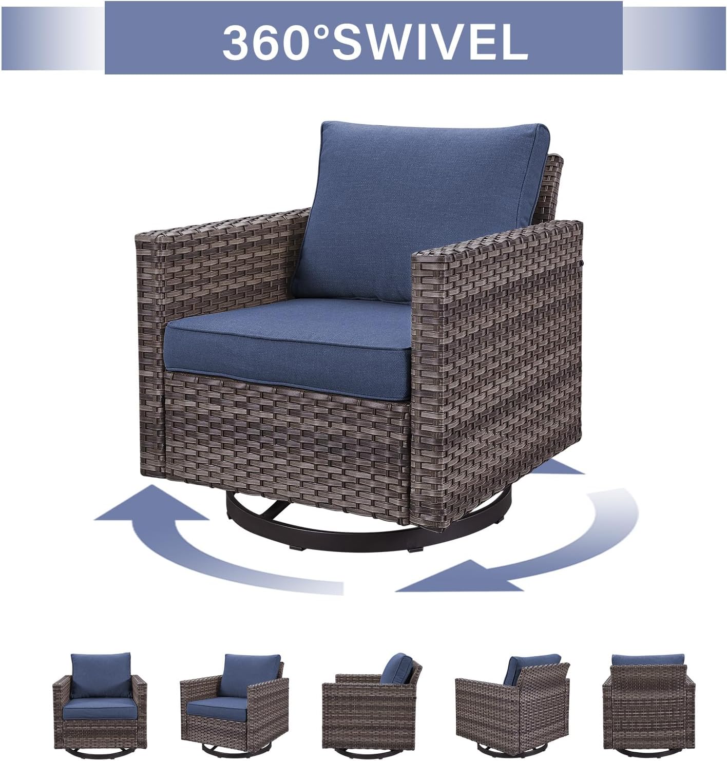 Luxury Outdoor Patio Swivel Rocker Chairs - 3 Piece Wicker Patio Furniture Bistro Swivel Rocking Chairs Set with Comfortable Cushions,Sturdy Metal Frame and Side Table for Porch Deck(Mixed Grey/Blue)