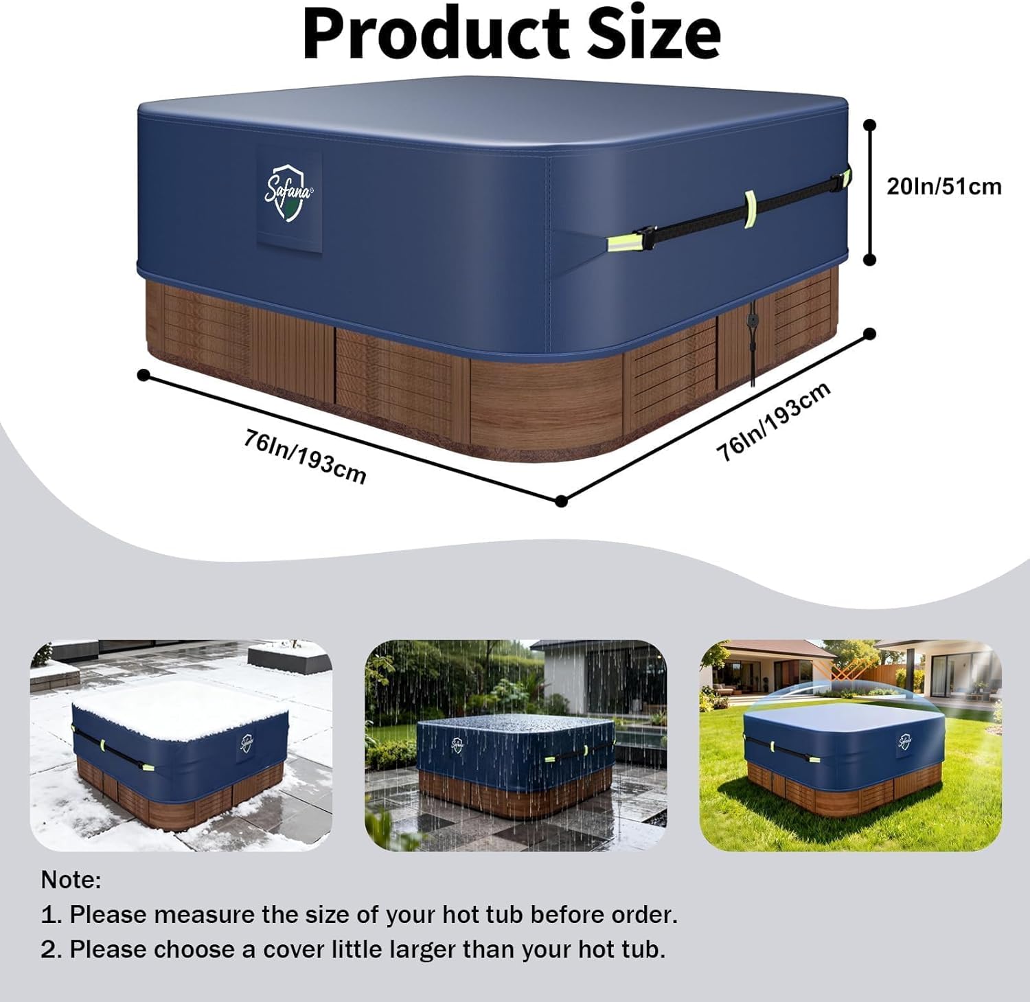 Safana Hot Tub Cover Protector 76 x 76 x 20 inch Square Hot Tub SPA Cover Cap Replacement Outdoor 500D Oxford Durable Windproof Waterproof Shelter Snug Fit, Blue