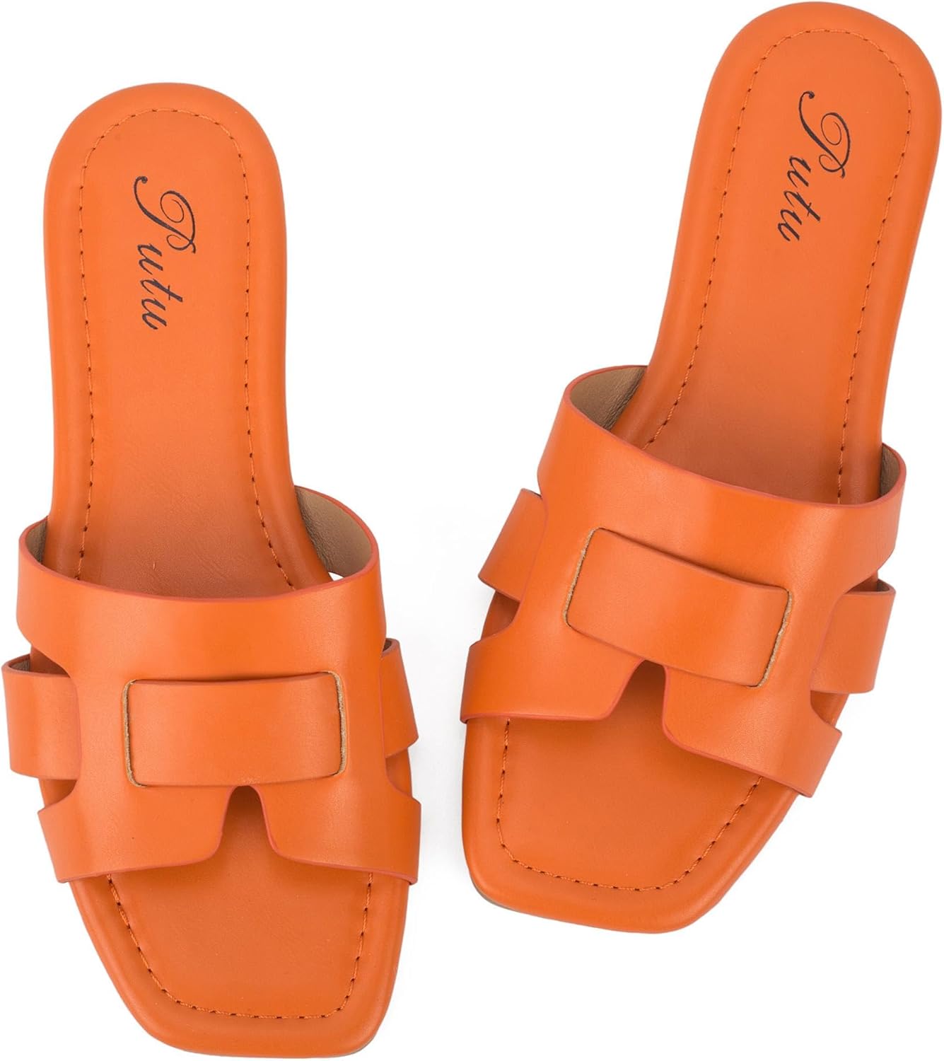 Putu Women's Flat Sandals Dressy Summer Sandals Strappy Slides with Square Open Toe