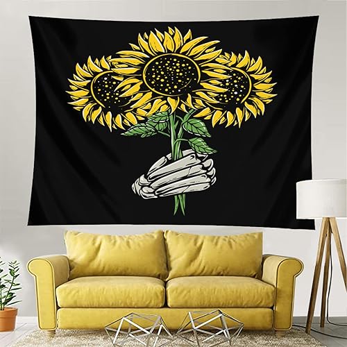 TropicalLife Tapiz de pared con diseño de girasol y calavera, tapiz decorativo diario para sala de estar, dormitorio, arte de flores, grande, 60 x