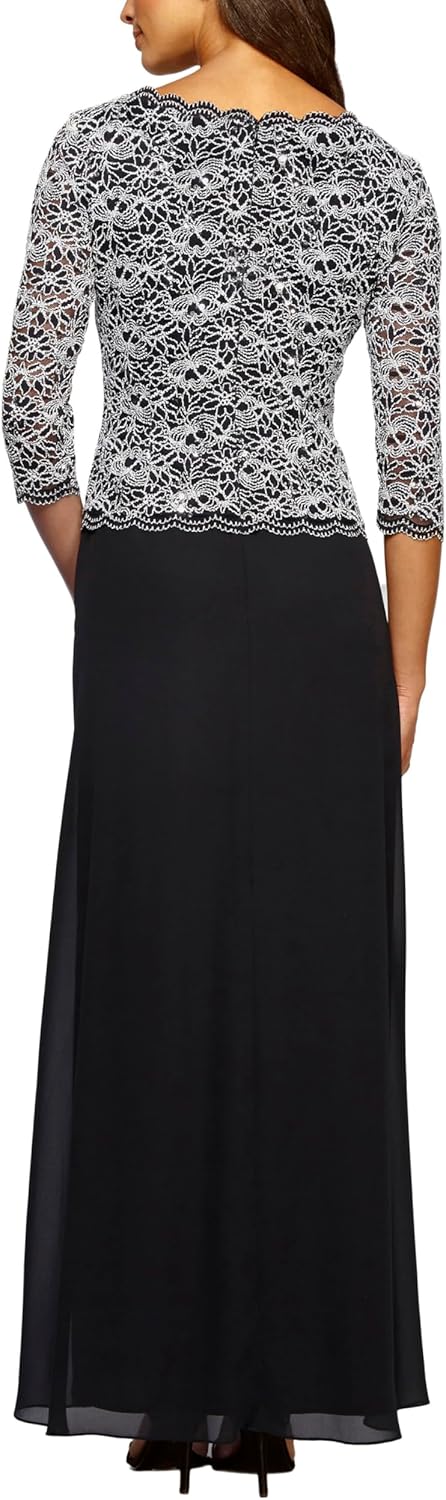 Alex Evenings Women's 3/4 Sleeve Stretch Lace Bodice One Piece Mother of The Bride Dress (Petite and Regular Sizes), Black/White, 14P - Image 2