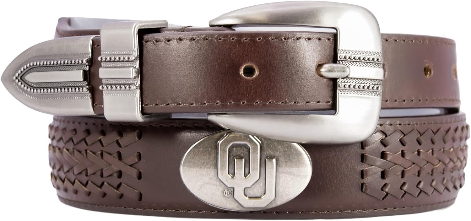ZEP-PRO NCAA Oklahoma Sooners Men's Braided Leather Belt – Full Grain Brown Strap With Emblem Conchos – 1.25" Wide Collegiate Accessory With Silver Tip, Size 44