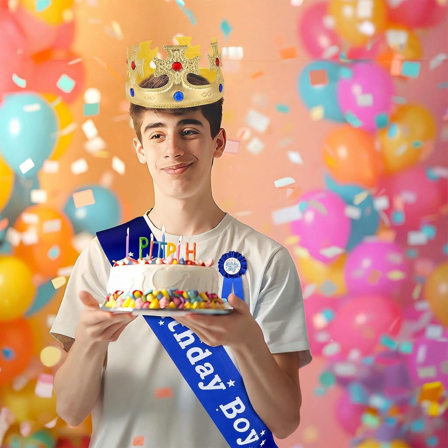 Xthrotsenk Birthday Boy Crown Party Set - Prince Crown Hat, Sash, Button Pin Accessory Costume Headwear & Photo Props for Men
