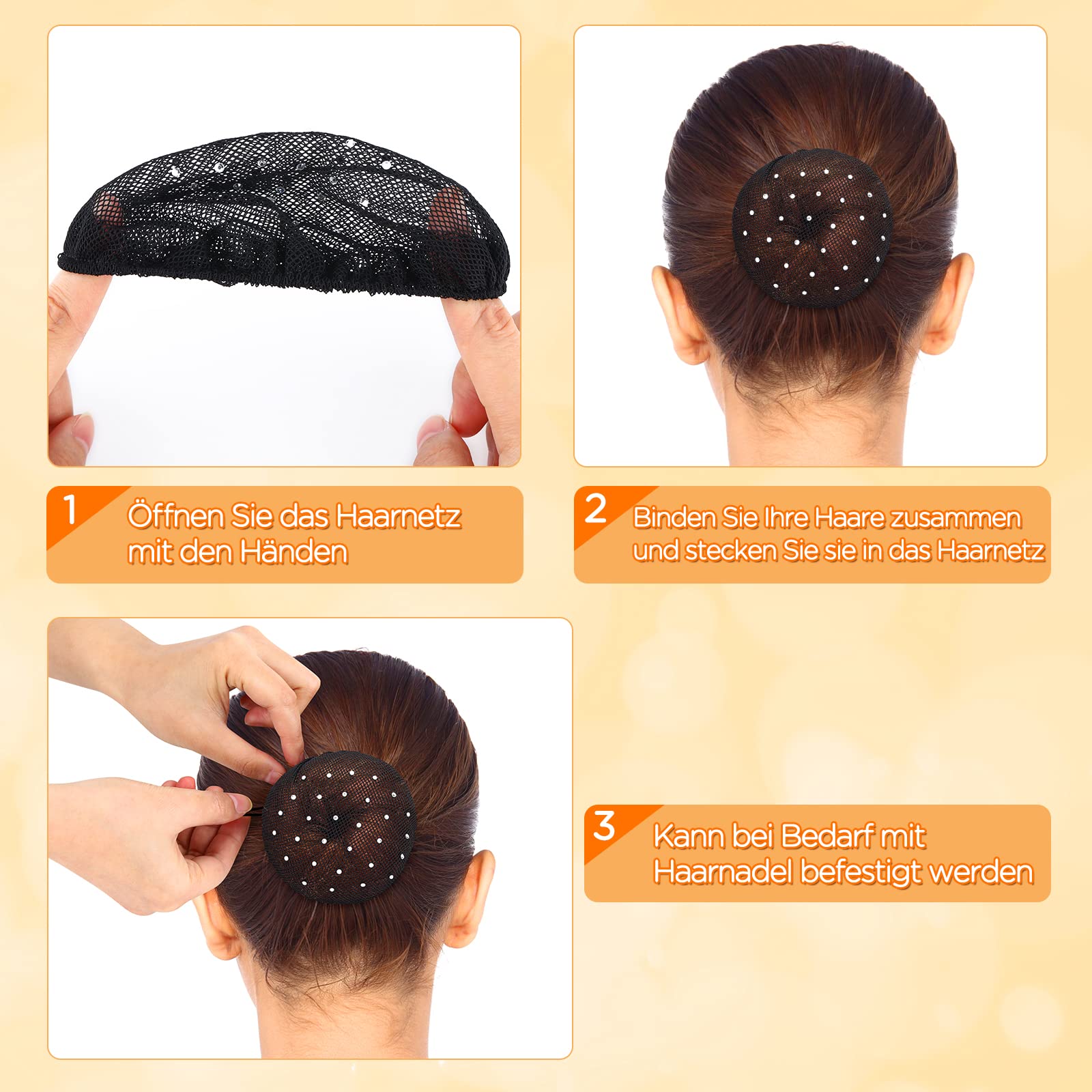 LALAFINA Lot de 4 filets à cheveux pour chignon de ballet, filet à cheveux avec strass, 6 pièces x 4