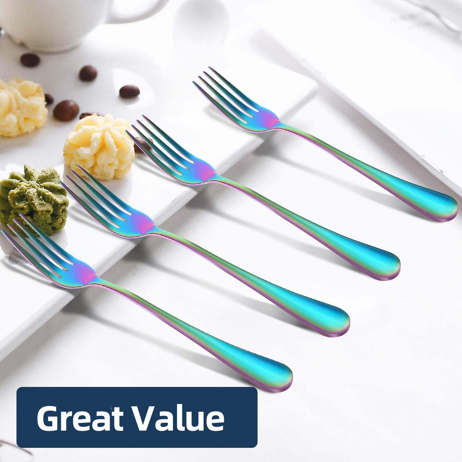 Juego de 16 tenedores de cena, juego de cubiertos de acero inoxidable de 8 pulgadas, juego de cubiertos de vajilla y cuchara de utensilios para restaurante en casa (multicolor)