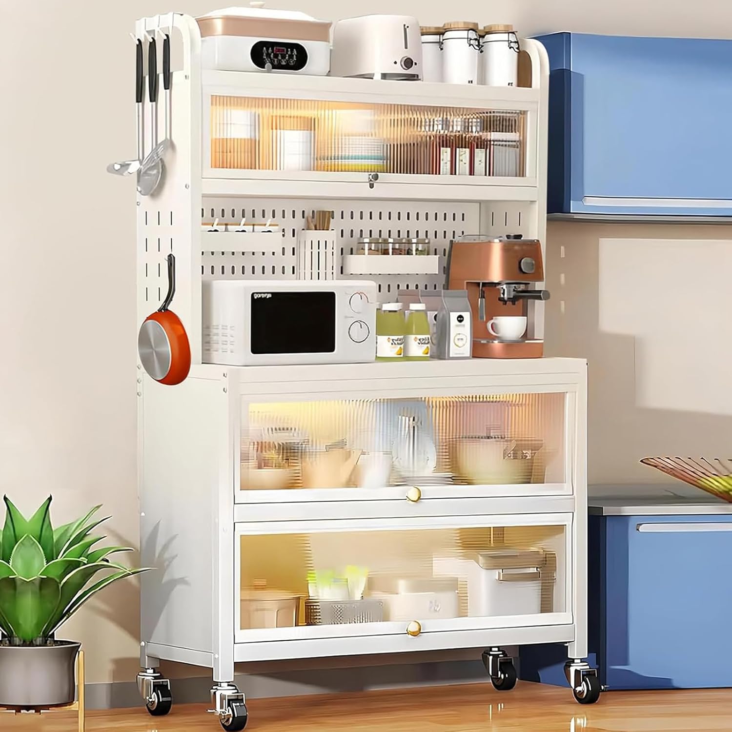 63" Bakers Rack, 5 Tier Kitchens Storage Cabinets for Kitchens with Clear Doors and Adjustable Shelves, Microwave Stand Tall Countertop Storage Sideboard for Pantry, Spices, Pots and Pans (White)