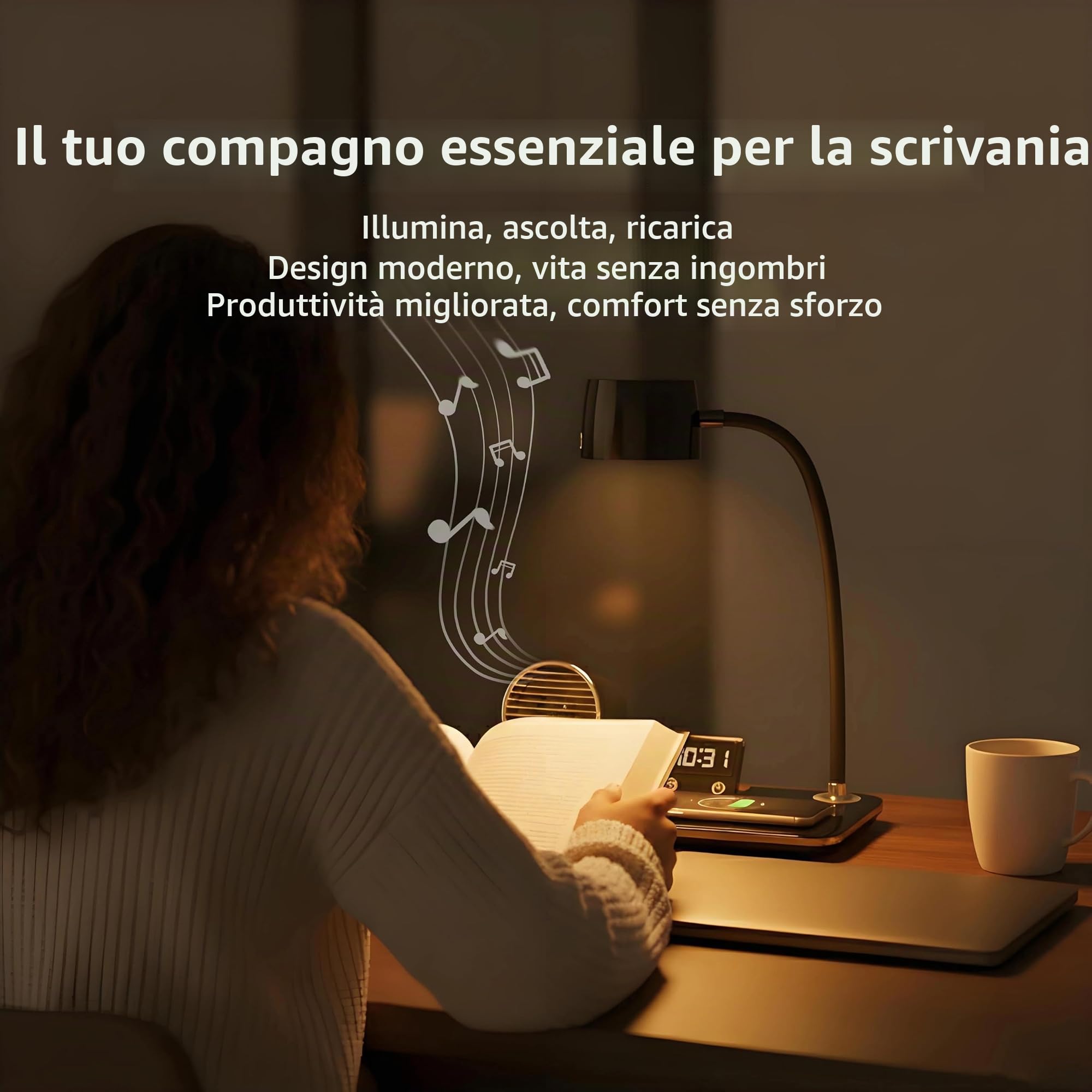 Lampada da Scrivania LED con Ricarica Wireless 15W, 500 LUX | Lampada da Tavolo Ufficio, Cassa Bluetooth e Sveglia, Braccio Flessibile, USB per Studio, Lettura, lavoro, Nero