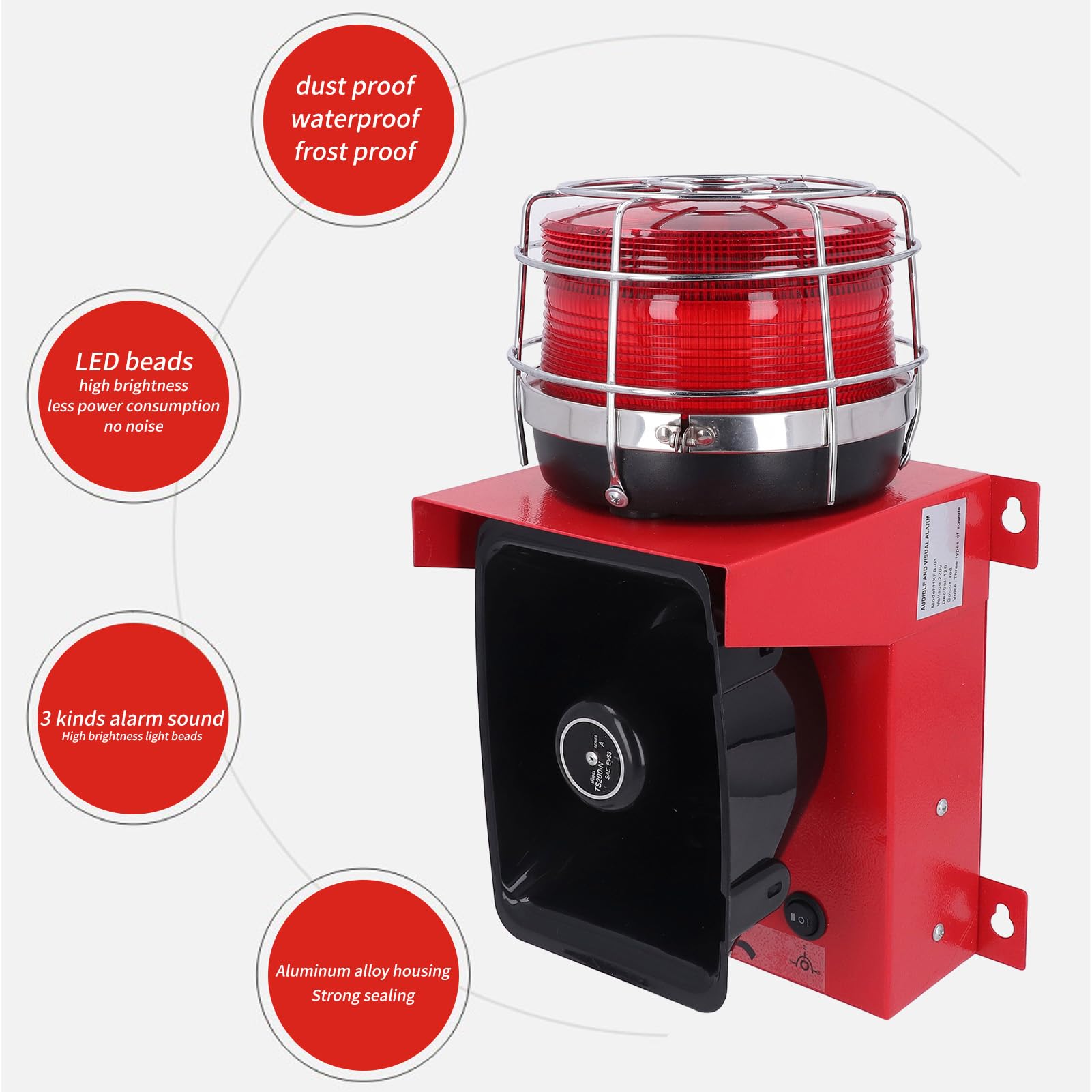 120DB Sound Light Reminder Water Proof LED Beads Volume Control Audible Visual Alarm for Port Machinery Industry (US Plug 110V)