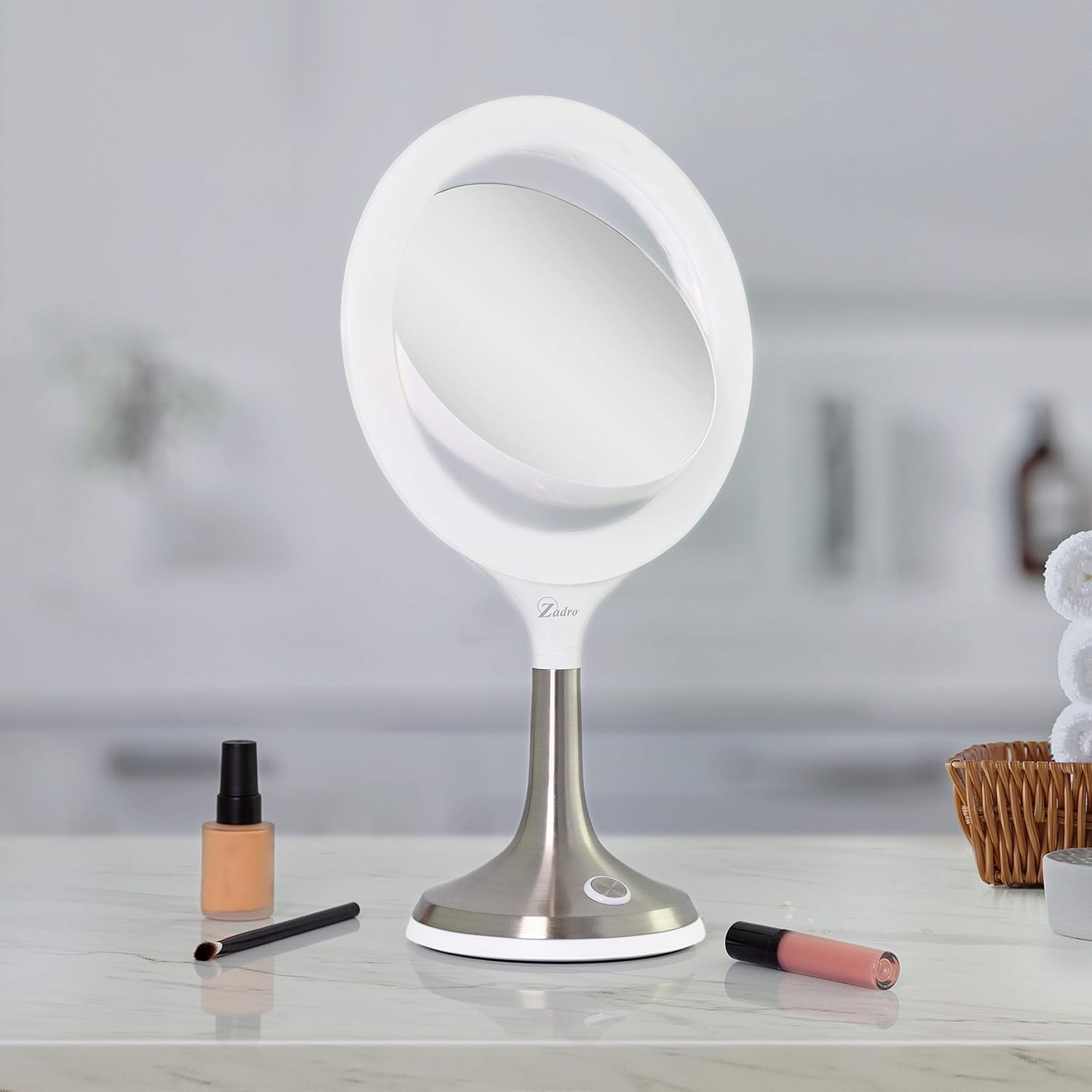 Zadro Solana 9.75 Inch Round LED Ring Light Vanity Counter-Top Mirror, 360 Swivel 7.5 Inch 2 Sided Magnified Glass Mirrors, 6500K 4500K 3200K Smart Dimmer Lamp, Plug in (8X/1X, White/Satin Nickel)