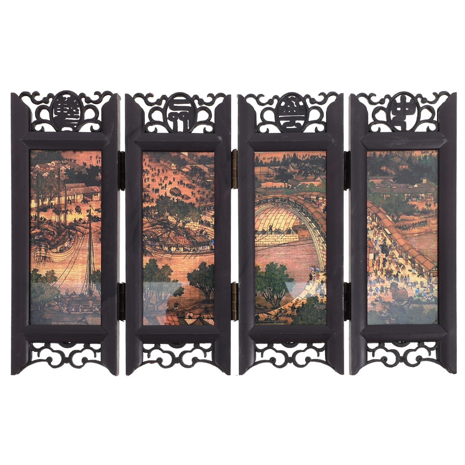 LUOZZY 5.9 Inch Tall 4-Panel Mini Chinese Folding Screen, Traditional Chinese Art Decor, Mini Folding Screen Divider, Feng Shui Ornaments for Home
