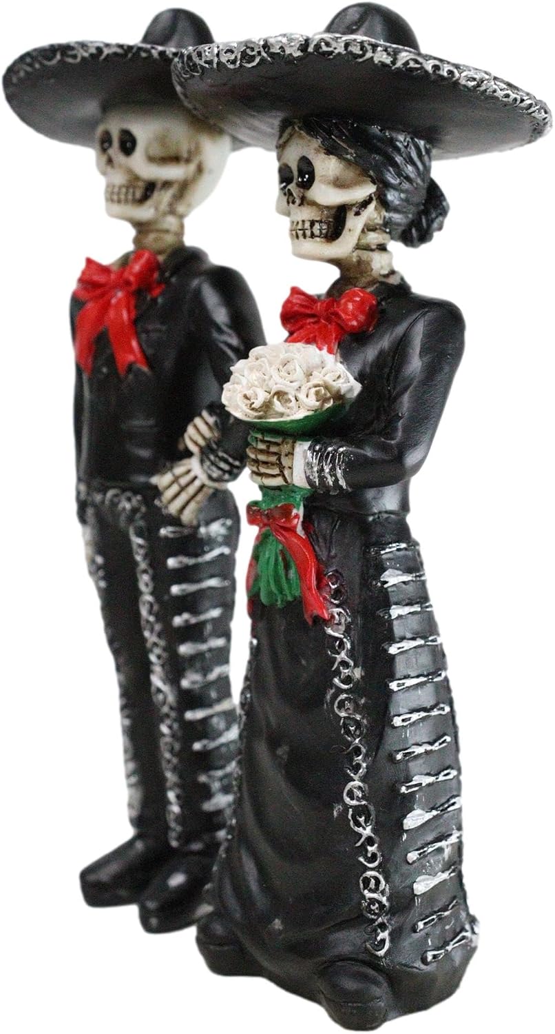 Ebros Love Never Dies Wedding Bride and Groom Mariachi Skeleton Couple Figurine 5.5" Tall Day of The Dead DOD Floral Rose Bridal Vow Ceremony Ossuary Macabre Graveyard Spooky Halloween Decor Statue