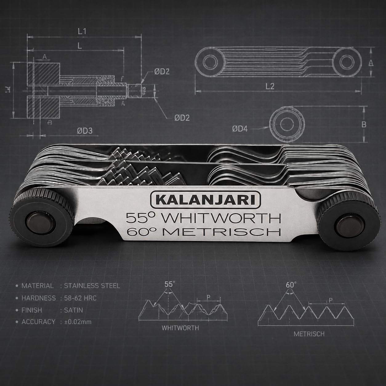 Kalanjari Screw Pitch Gauge/Thread 4 to 62 TPI, 0.25 to 6.0 mm Combination with 55 Degree and Metric 60 Degree 1