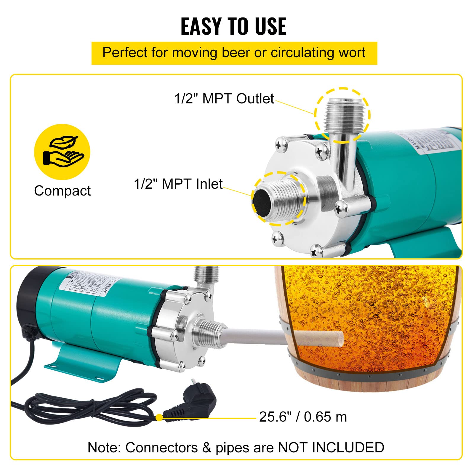 VEVOR Pompe d'Entraînement Magnétique de Qualité Alimentaire MP-15 RP, Pompe à Bière Acier Inoxydable Silencieuse pour Homebrew Brewing