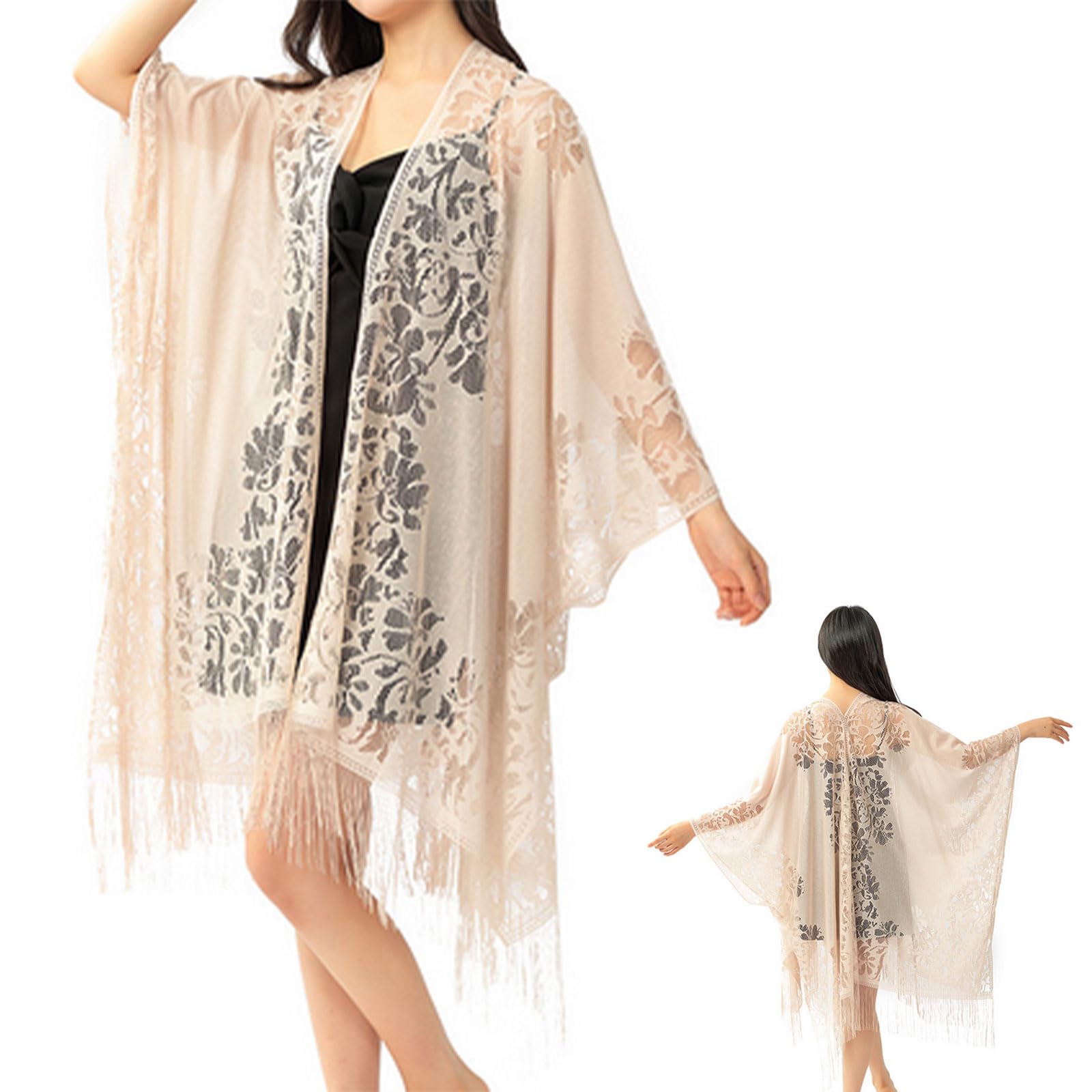 NEERIX Kimono - Cubierta de playa para mujer con encaje, chaqueta de punto de gasa larga y ligera, elegante abrigo de playa, sexy encaje hollow crochet bikini Cover up, aireado, vacaciones de verano,