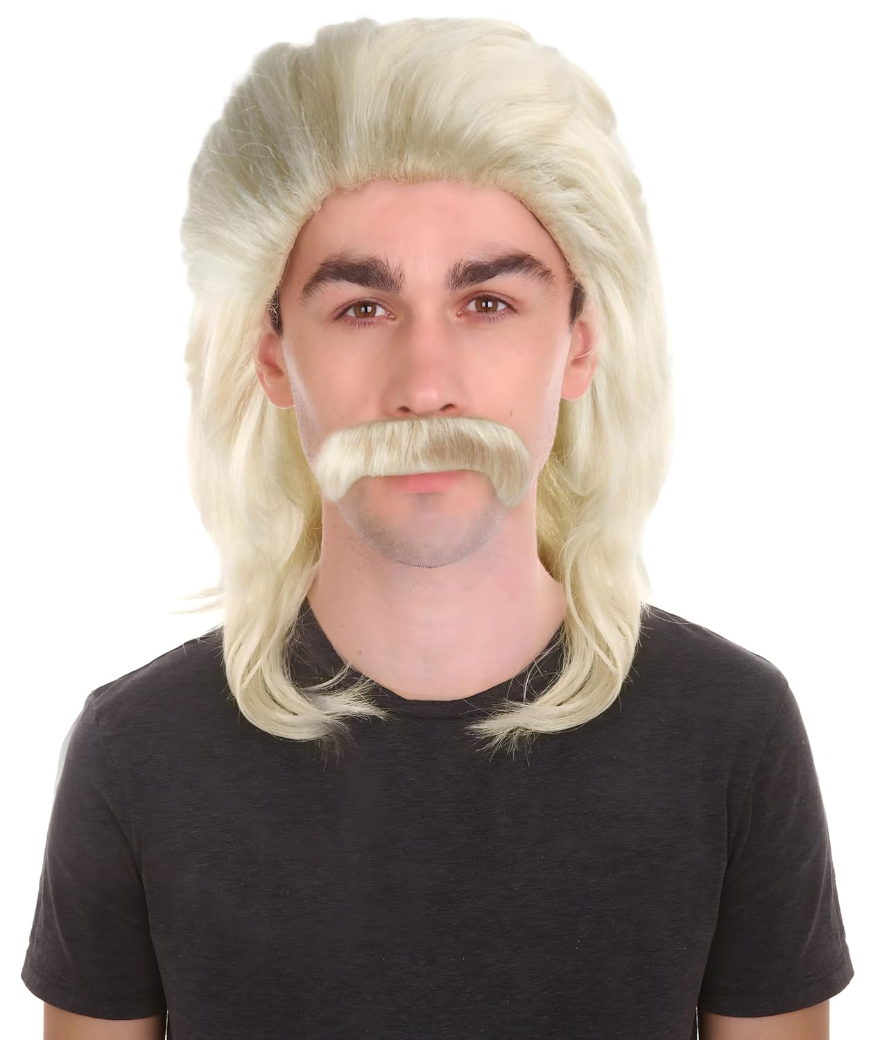 HPO Mens 70s Blonde Mullet Wrestler Costume Wig with Moustache HM-366