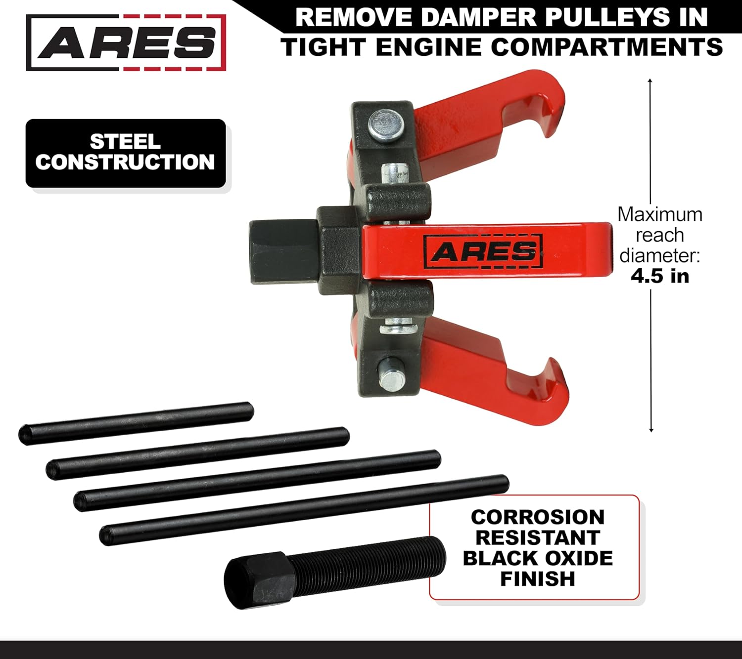 ARES 3-jaw puller showing 4.5 inch maximum reach diameter.