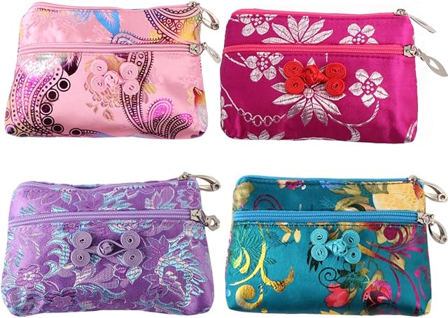 kilofly 4pc Chinese Silk Brocade 2 Zipper Purse Jewelry Pouch Bag Value Set