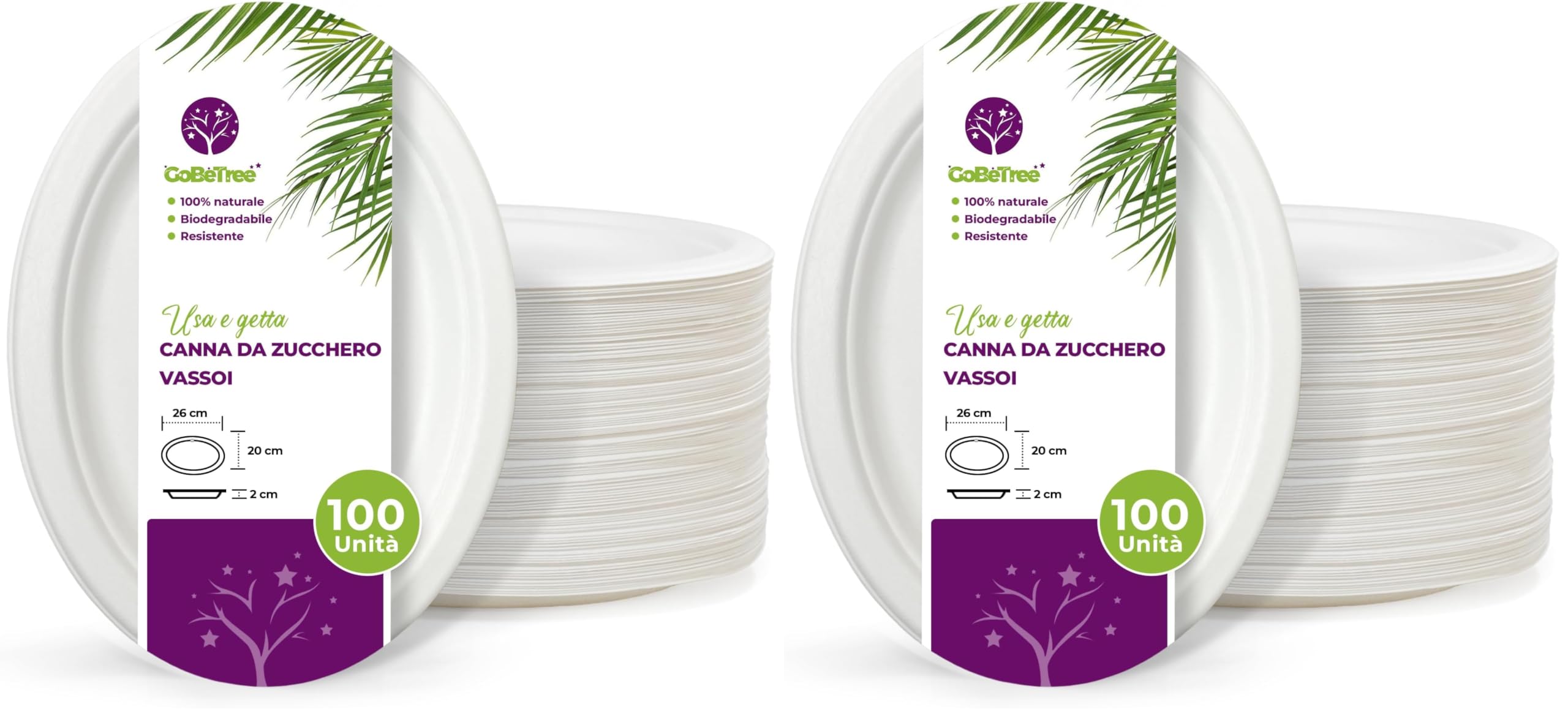 GoBeTree 100 vassoi ovale 26 x 20 cm di canna da zucchero. Vassoi monouso in canna da zucchero bianca extra forte. Per campeggio, picnic, feste, barbecue, feste di compleanno (Confezione da 2)