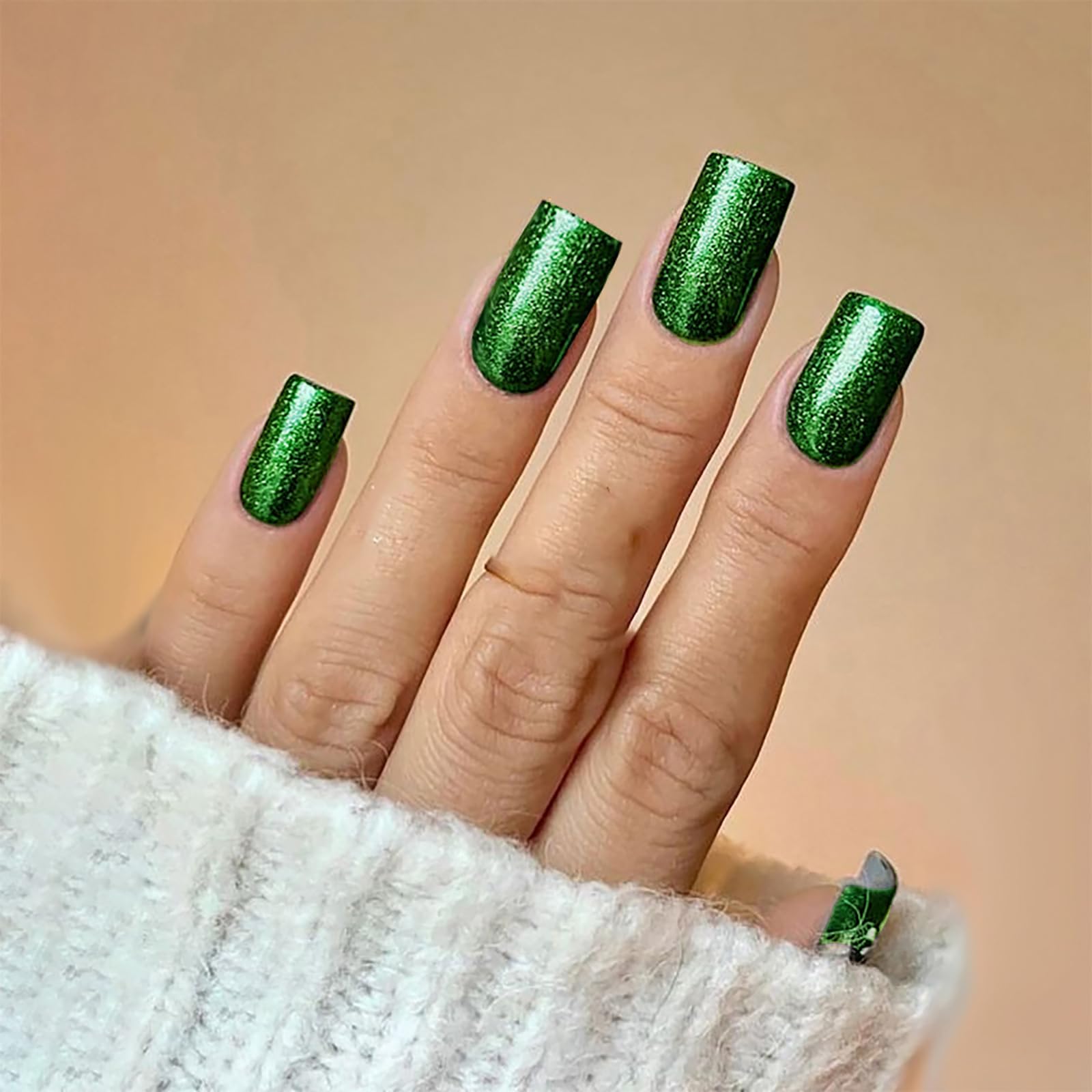Green Press on Nails Medium Fake Nails Shiny Acrylic Nails Full Cover Glossy False Nails with Solid Color Glitter Press on Nails Reusable Stick on