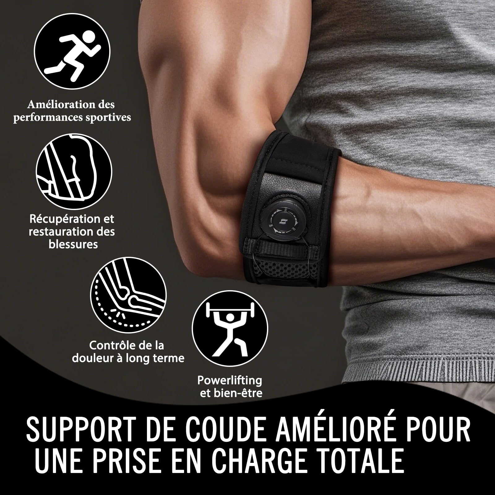Coudière pour Tendinite et Épicondylite, Attelle de Coude Réglable pour Hommes et Femmes, Bracelet Anti-Douleur en Tissu Respirant (Noir, Taille Unique Régulière) 23-29 cm