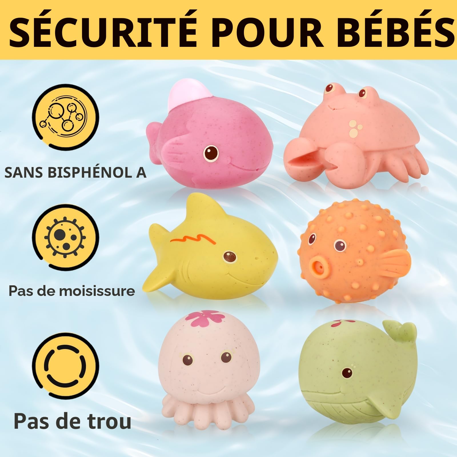 Jouets de Bain Bébé Anti-moisissures Lot de 6 sans Trous Coordinación œil-Main