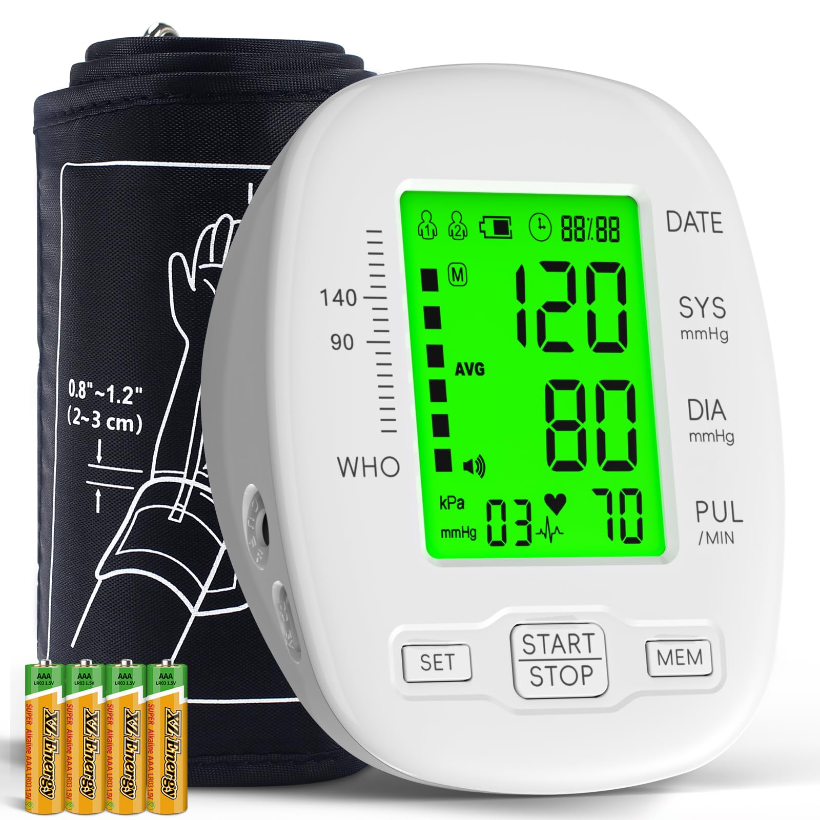 Blood Pressure Monitor, Blood Pressure Cuff 22-42cm - 2 * 99 Sets of Memory, 4*AAA Battery Included, White-image-47