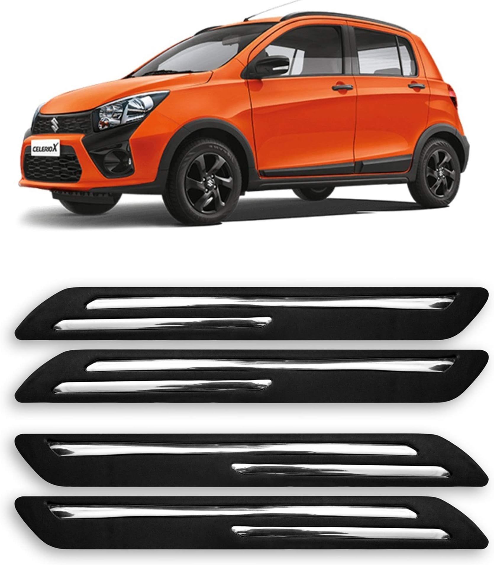 AARTRI® Presenting Car Bumper Protector Guard for Maruti Suzuki Celerio X with Rust Proof Double Chromium Strip (Black Set of 4-Pcs)