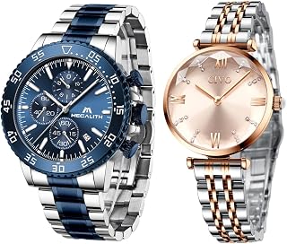 Relógio Masculino Original de Pulso Prateado com Mostrador Azul e Pulseira Prateada e Azul e Relógio Feminino Original de Pulso Dourado e Prateado, todos em Aço Inoxidável, Analógicos, à Prova d'Água, muito Elegante para o Dia dos Namorados