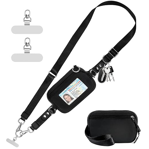 Clip and Go Strap for Phone with Wallet Crossbody Phone Lanyard Adjustable and Detachable RFID Wristlet Wallet with ID Window and Zipper, Black