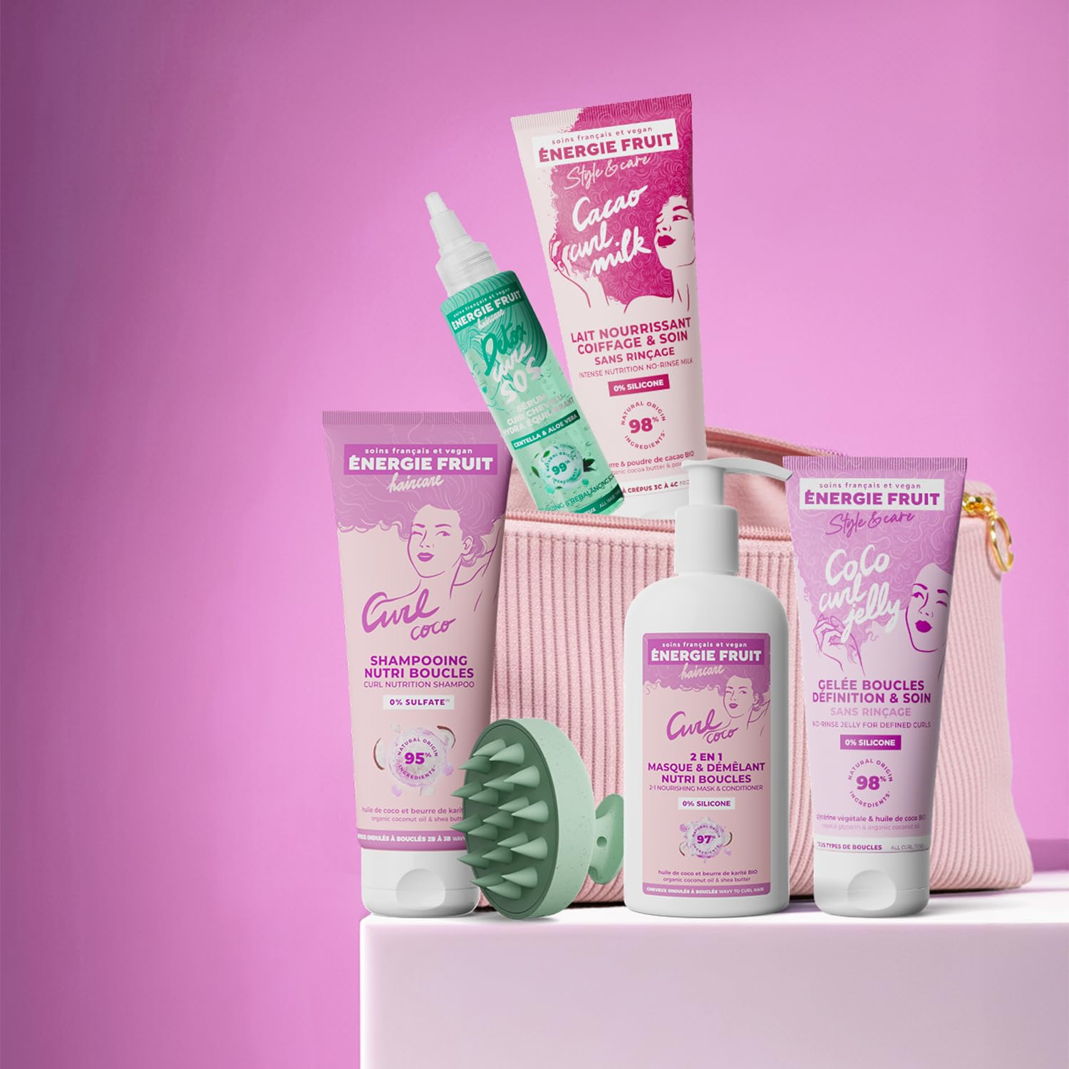 ENERGIE FRUIT – Coffret Cadeaux Curl Detox Cheveux Bouclés – 6 produits + Trousse Offerte – Shampoing, Masque, Sérum Cuir Chevelu, Gelée Définition, Lait Coiffant Nourrissant et Brosse Moussante