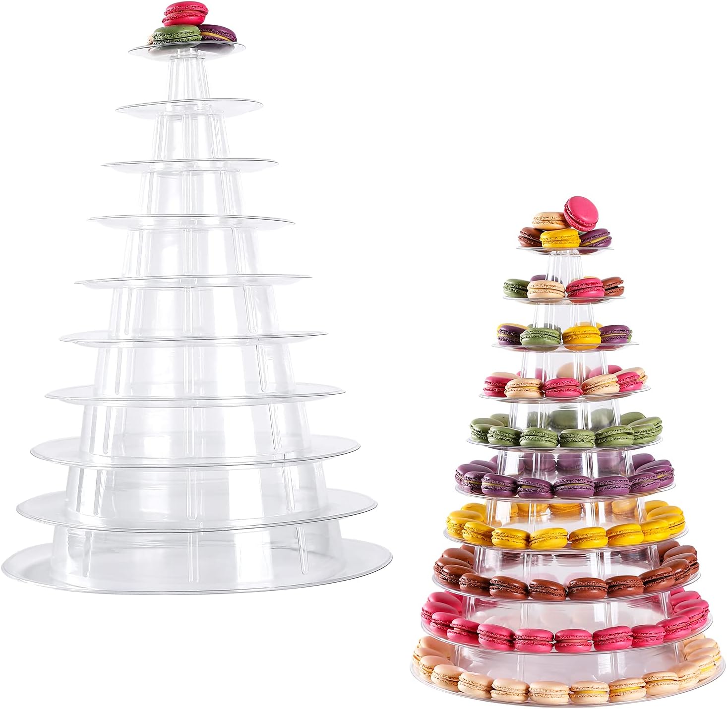 Macaron Tower Stand 10 Tier 4" - 13" Transparent Plastic Round Tower Display Stand Cupcake Cake Holder Rack Platter to Hold 230 Macarons for Wedding Birthday Party Decor