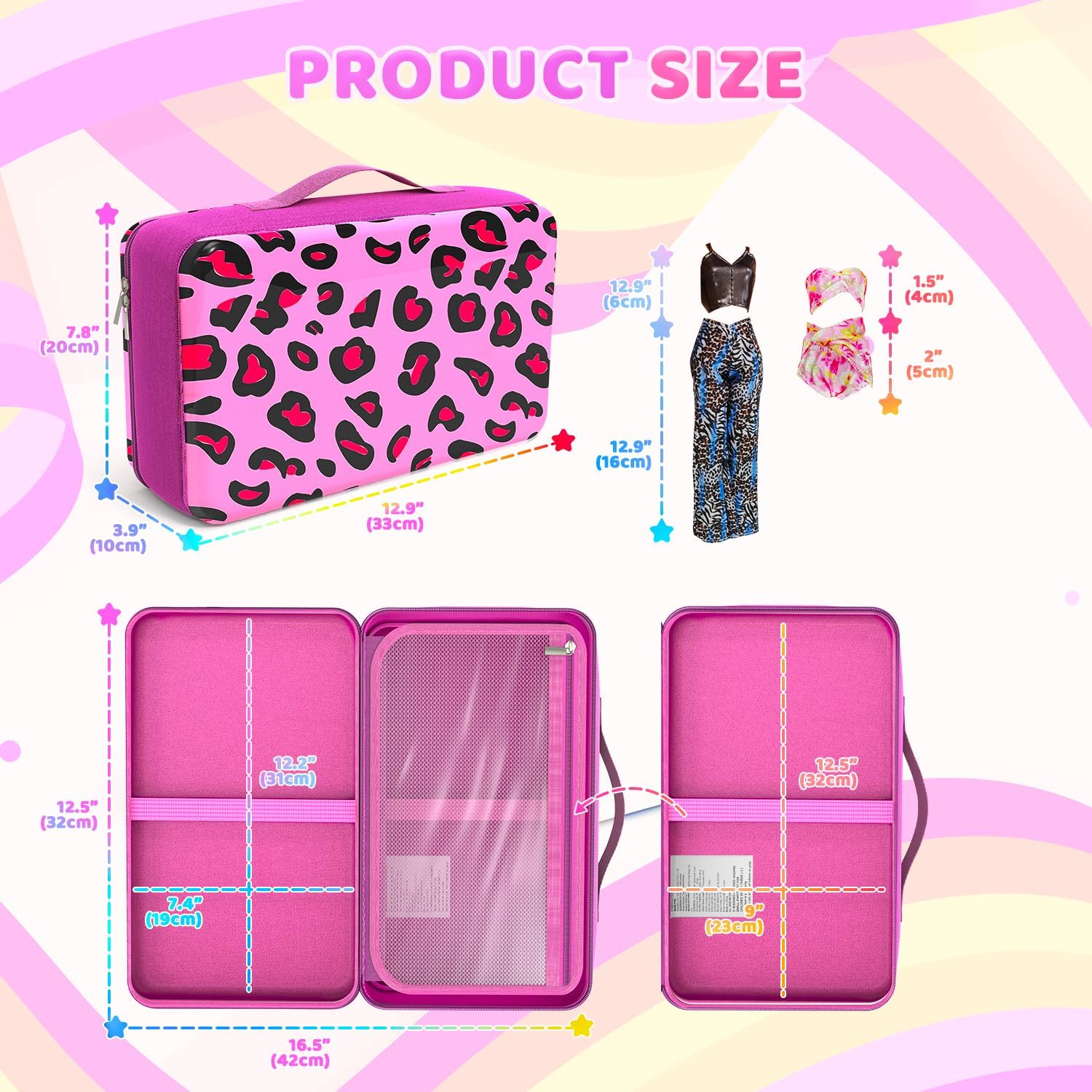Stylish Travel Case for 12 Inch Fashion Dolls - Storage Solution with Pockets for Doll Accessories - Best for On-The-Go Travel (4-Leopard Print)