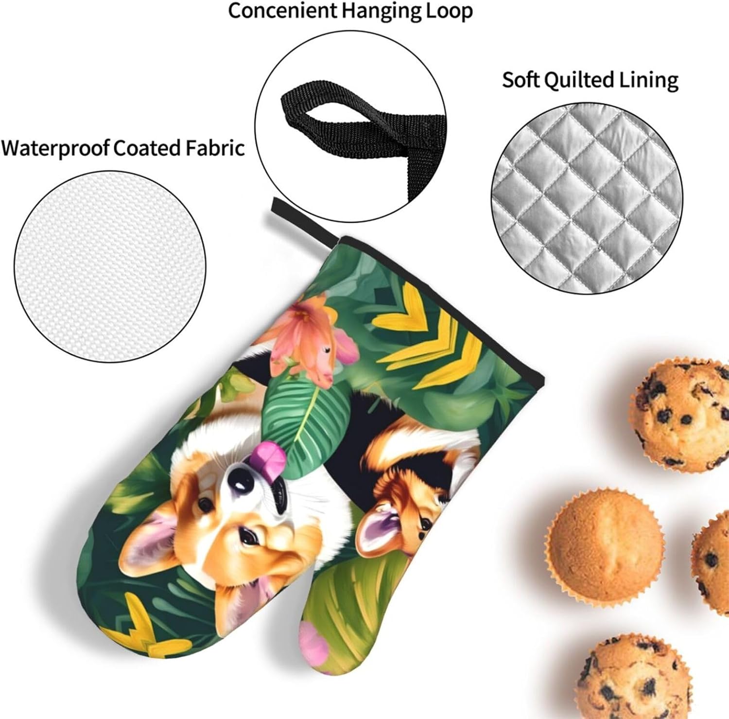 Tropical Flower and Corgi Print Heat Resistant Microwave Gloves, Used for Baking, Cooking, and Fashion Kitchen Essentials
