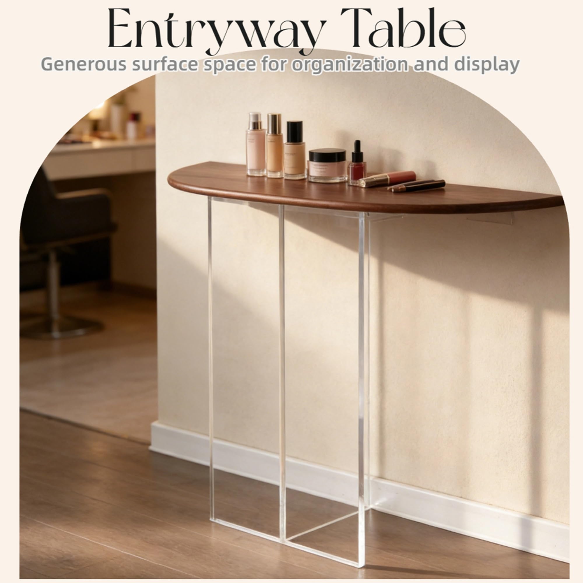 Tavolo da ingresso moderno, console stretta con gambe in acrilico e piano in legno massello, elegante mensola accento per soggiorno, corridoio, atrio, marrone, 80 cm