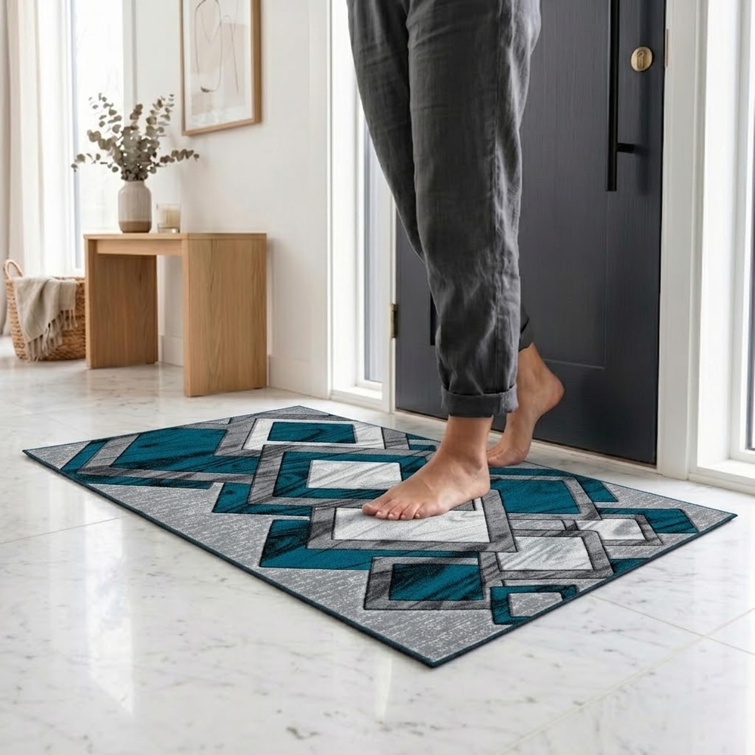 PHP Indoor Door Mat 50 x 80 cm, Thick Dirt Trapper Washable Entrance Welcome Doormat for Entryway Front Porch Kitchen Carpet Mat - Teal