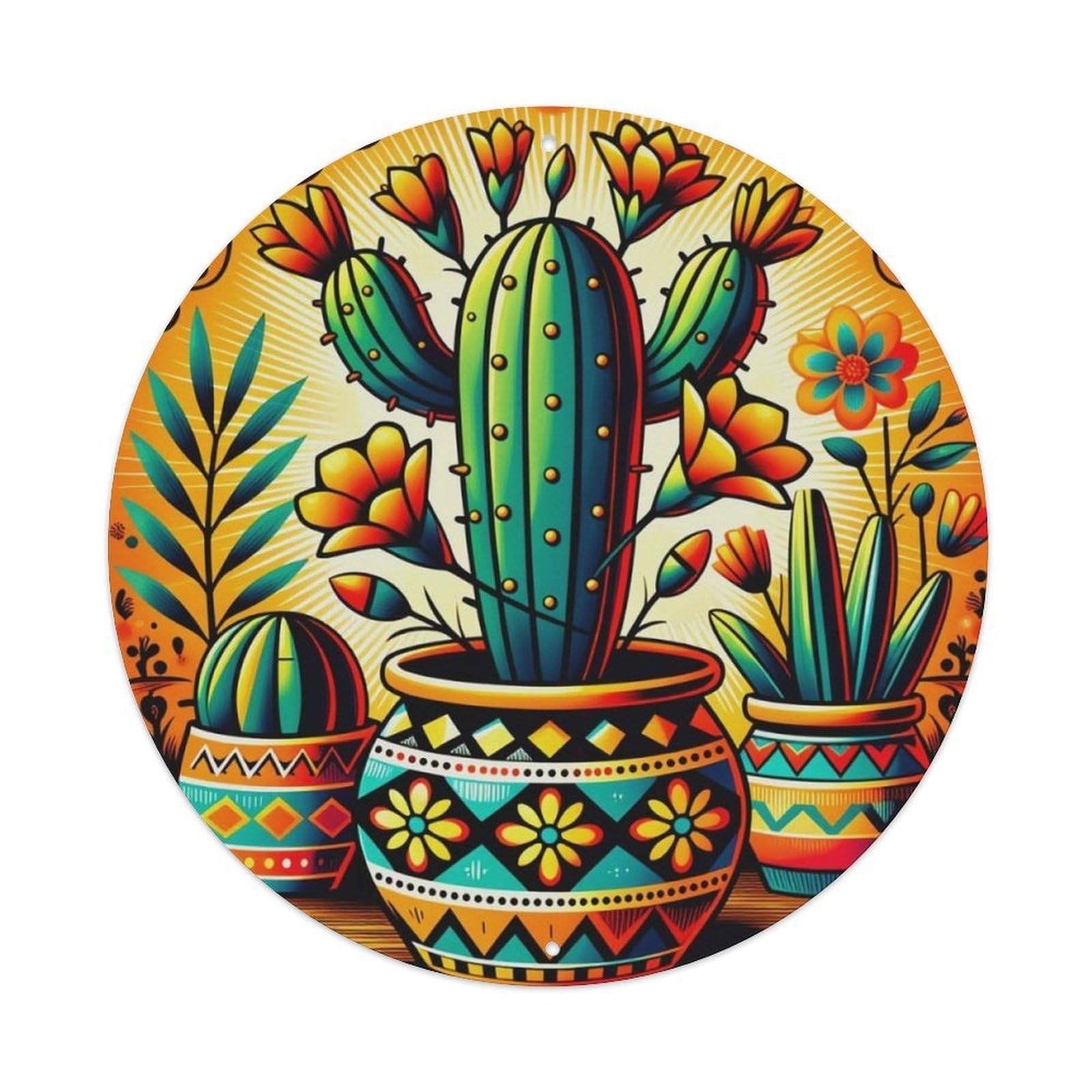 Mexican Folk Art Cactus Flower Round Decor Sign Vintage Aluminium Metal Sign, Retro Wall Decor for Home, Bar, Garage & Farmhouse 20x20cm