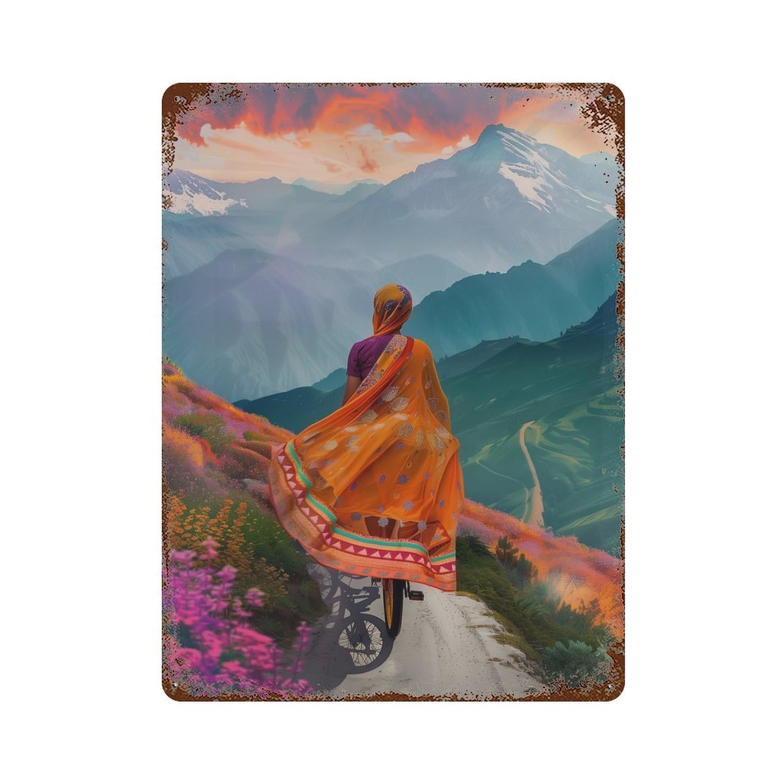 Saree Bike Distressed Metal Wall Sign 15.7"x11.8", Ideal for Garage, Bar And Workshop Decor