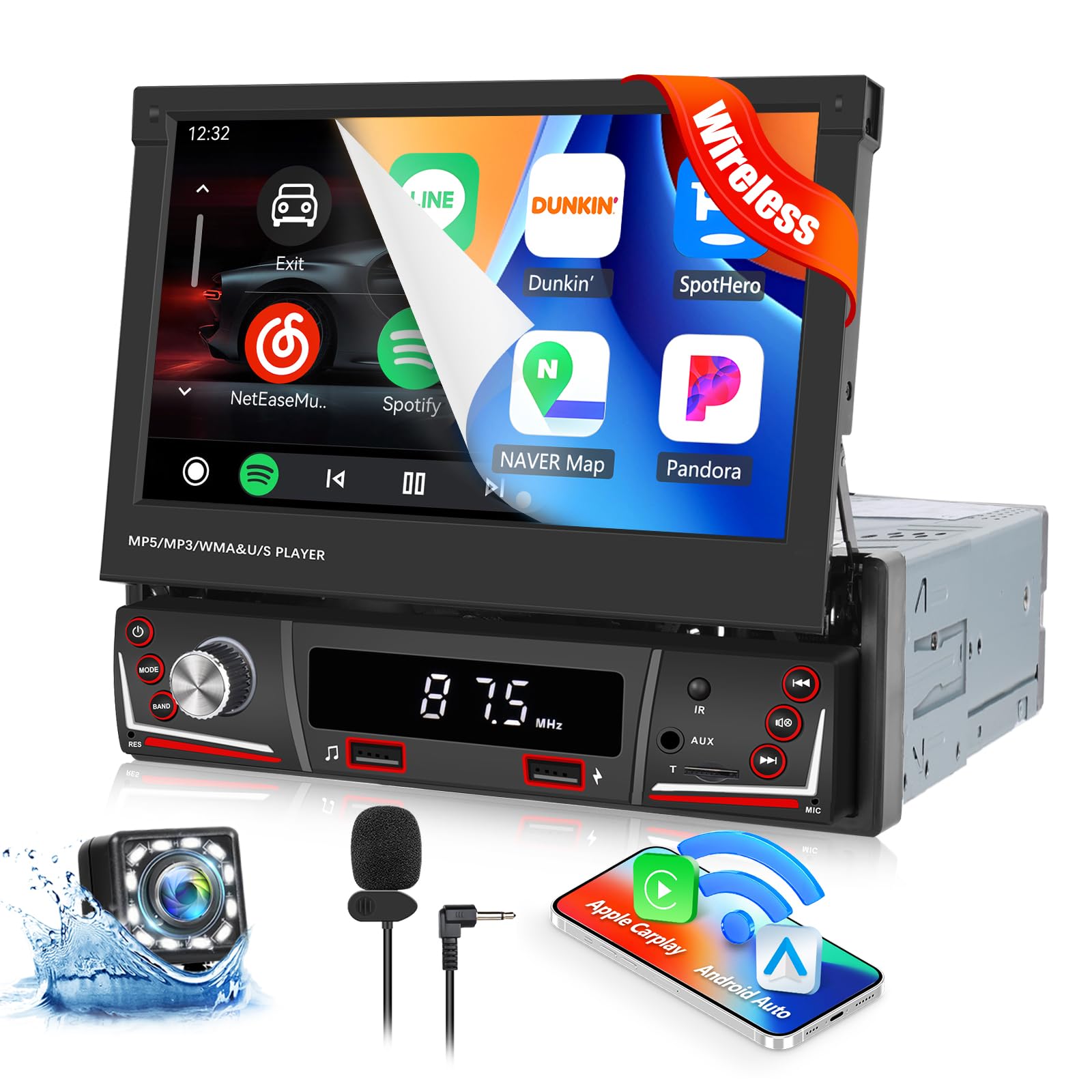 Autoradio 1 DIN Con Schermo Touch 7 Pollici Retrattile, Apple CarPlay E Android Auto, Bluetooth, Telecamera Posteriore – Aggiorna Il Tuo Impianto Auto!